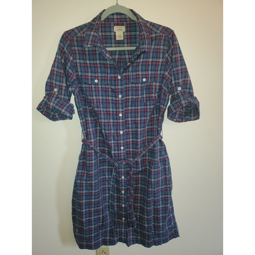 L.L. Bean Plaid Belted Shirt Dress Size S Small Red Blue 100% Cotton Roll Tab